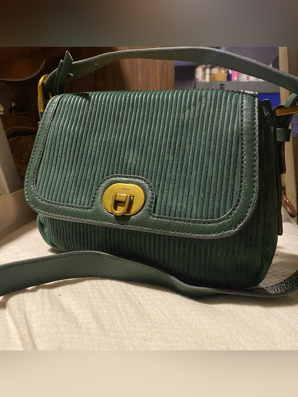 Fossil HARPER Dark Green SUEDE Corduroy Crossbody bag shoulder